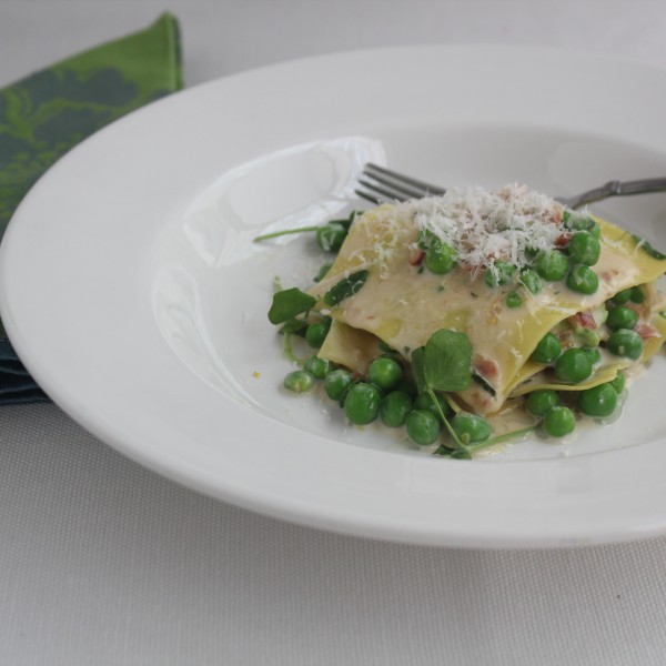 Spring Pea Raviolo with a Lemony Pancetta Cream Sauce